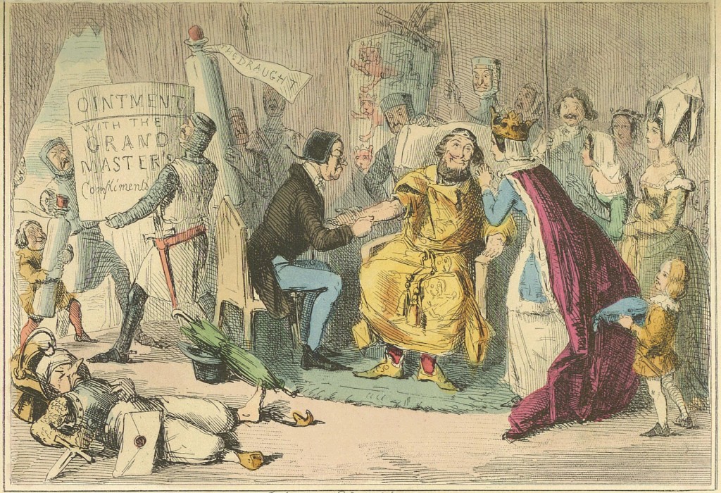 change our conference designs: Edward's arm in the hands of his medical advisers. Illustration for The Comic History of England (Bradbury, Evans, c 1850).