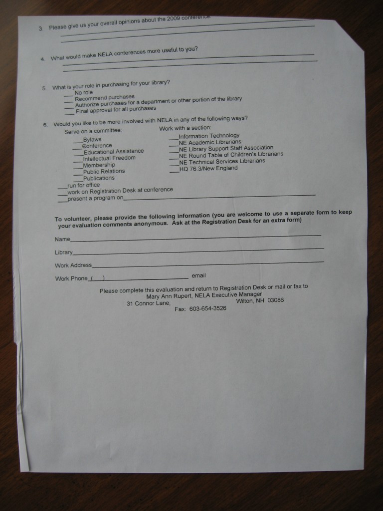 evaluation response rates: photograph of a typical conference evaluation sheet. Photo attribution: Flickr user herzogbr