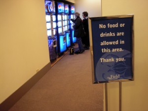 Next practices, not best practices: a photograph of a sign placed in front of four snack vending machines that says, "No food or drinks are allowed in this area. Thank you." Photo attribution: Flickr user heygabe.
