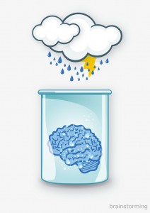 brainstorm: an illustration of a brain in a beaker with a cloud, rain, and lightning above it.