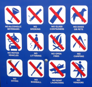 principles for designing conference ground rules: a graphic of twelve activities forbidden in a park no: —alcoholic beverages —smoking —glass containers —dogs or pets —motor vehicles —littering —open fires —camping —diving —baseball —boat launching —vendors