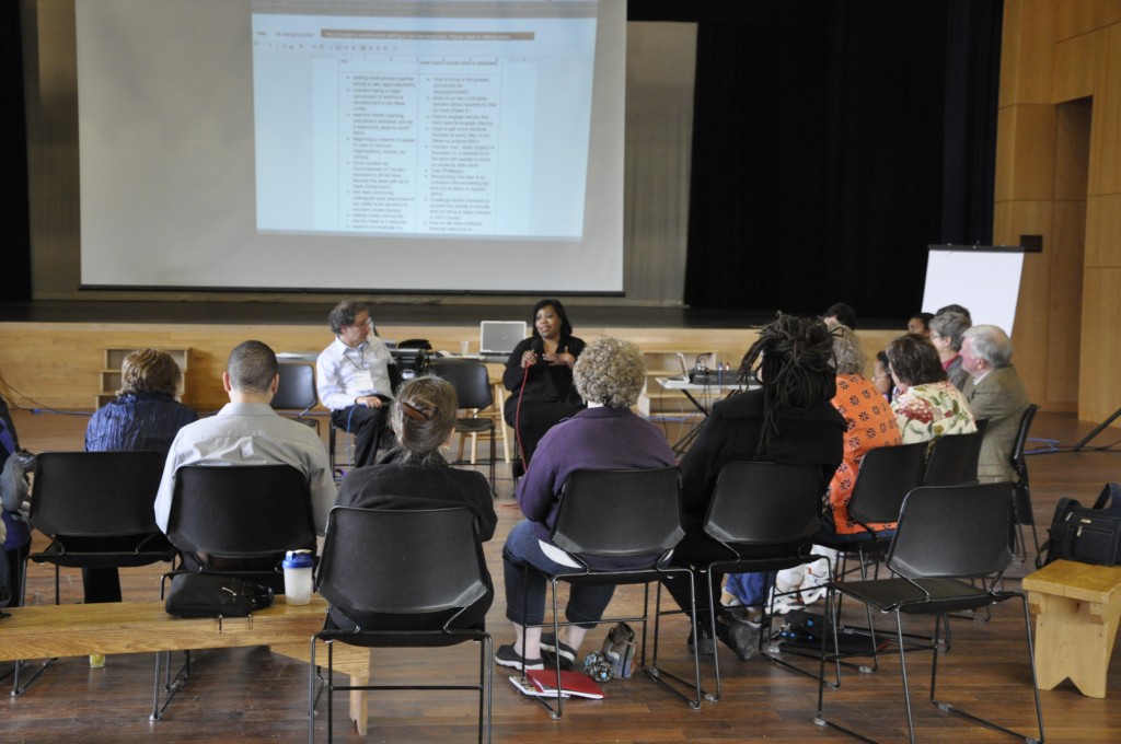 take action: photograph of Adrian Segar facilitating an Action Plus/Delta at the Vermont Vision conference