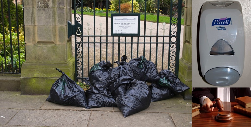 Evaluation of an event—three photographs of a pile of trash bags outside a gate, a wall-mounted hand sanitizer dispenser, and a hand rapping a judges gavel.