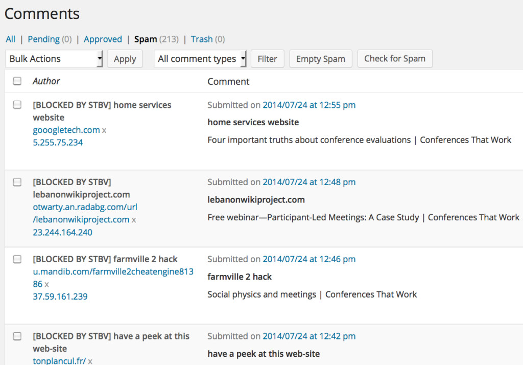 screenshot of four examples of typical comments in the spam queue for my blog