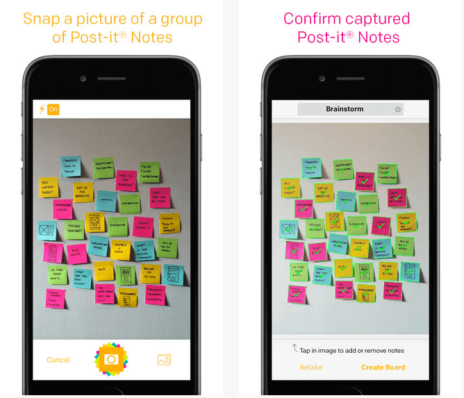 Two iPhone screens showing (on left) a photo of a set of sticky notes on a wall, and (on right) showing each note recognized by the Post-It Plus app