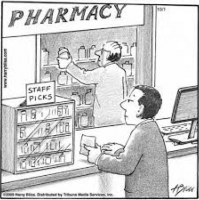 is a conference like a pharmacy or a bookstore: Cartoon by Harry Bliss, showing a man at a pharmacy gazing at a notice that says "STAFF PICKS"