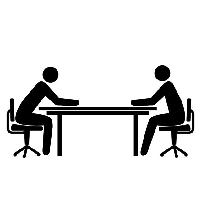 An illustration of two people sitting at a table facing each other while they share information needed for event design.