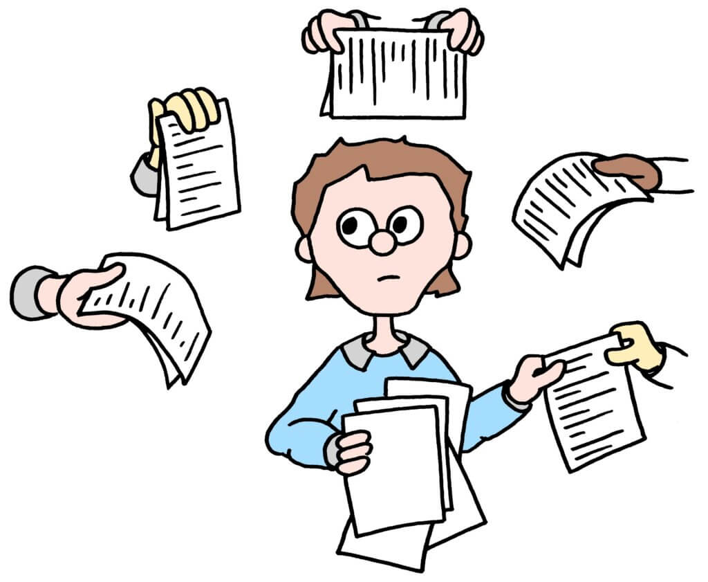 meeting evaluations are unreliable: an illustration of a skeptical person receiving forms from the hands of many people