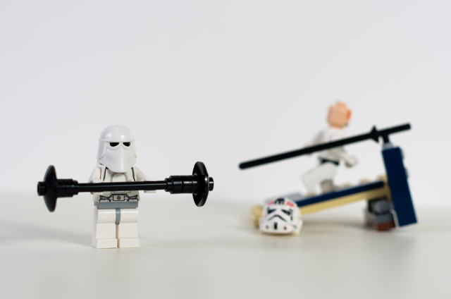 better event outcomes: Two Star Wars Lego stormtroopers doing gym exercises. Photo attribution: Flickr user chrish_99