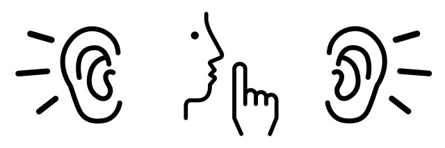 Shut up and listen: an illustration showing a person going "sh" surrounded by two ears listening