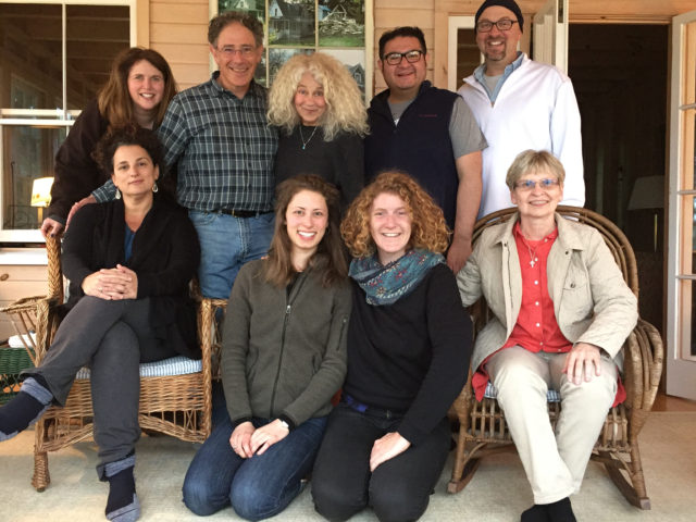 improv and mindfulness lessons: Workshop participants Ellen, Nancy, Nahin, Ellena, Wendy, Everlyn, and Adrian with Ted DesMaisons (beard) and Lisa Rowland (scarf) 