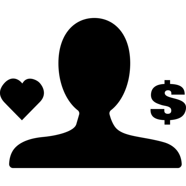 paid influencer marketing: an illustration of a human silhouette flanked by a heart and a dollar sign