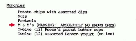 A portion of the infamous Van Halen concert presenter contract. It reads: Munchies Potato chips with assorted dips Nuts Pretzels M & M's (WARNING: ABSOLUTELY NO BROWN ONES) Twelve (12) Reese's peanut butter cups Twelve (12) assorted Dannon yogurt (on ice)