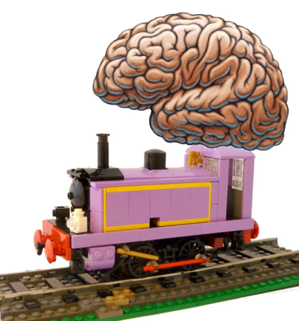 Replace "brain training" hype with something that works. A photograph of a Lego steam train with a brain above it that looks like smoke coming out of the chimney.