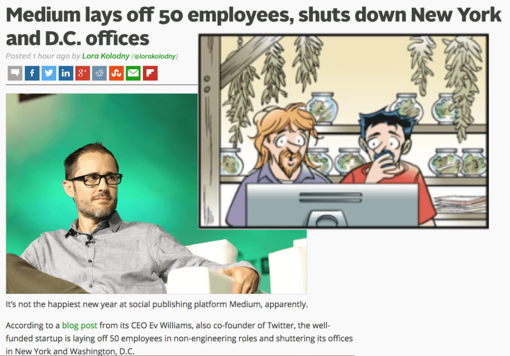 control of your content: A graphic combining an article with the headline "Medium lays off 50 employees, shuts down New York and D.C. offices"; with a cel from the Doonesbury comic strip of July 24th, 2016 featuring Zonker and Zipper staring at a computer screen