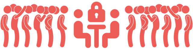 Illustration of a group of people crowded around a table. Two people sit at the table, which holds a giant padlock.