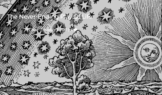 the world is crazy: old woodcut Illustration of the sun, stars, a tree, land, the firmament from The Never-Ending Play Of Life, in which Bernie De Koven is quoted by Chris Corrigan.