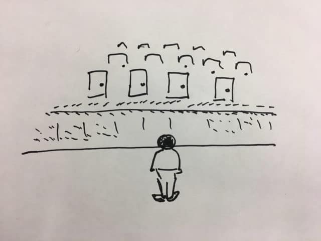 When the audience can't stop talking: an illustration of a person standing in front of a host of doors