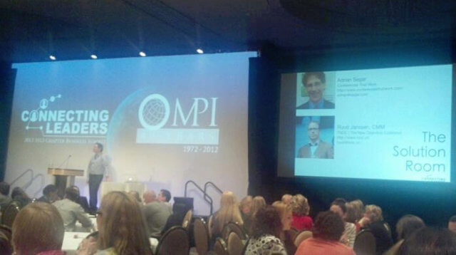 Photograph of Adrian Segar on stage running The Solution Room at MPI Connecting Leaders 2012