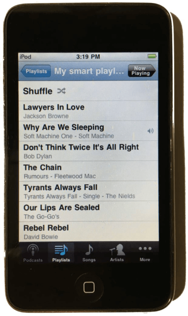 Photograph of Adrian Segar's iPod, showing a smart playlist of music he loves