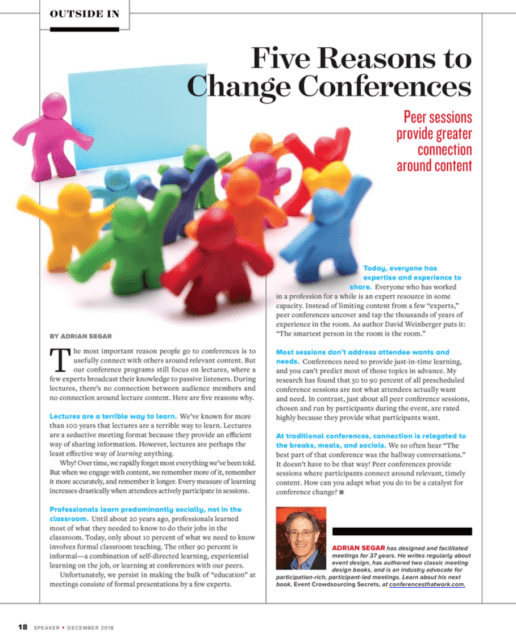 An image of Adrian Segar's one-page article "Five Reasons to Change Conferences", published in the December 2018, NSA Speaker magazine