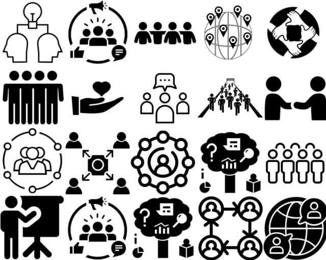 an illustration containing 20 icons, all of which convey people connecting and learning in community