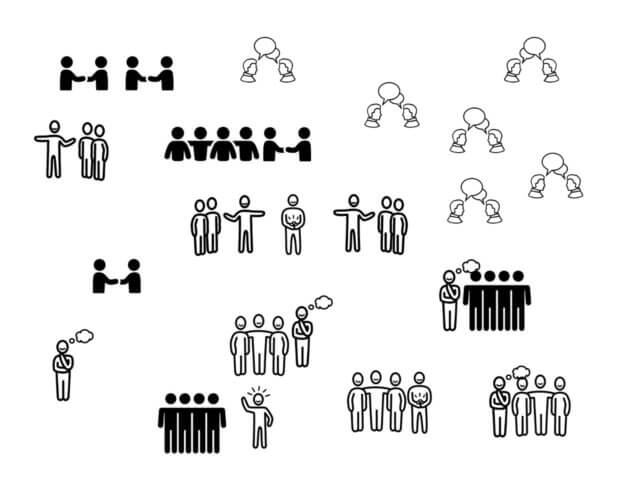 Leadership for meetings: an illustration using a collection of icons representing people meeting, talking in various groups, standing in a line, lecturing, solitary, and puzzled