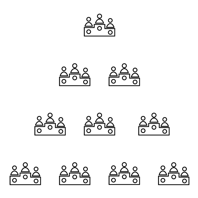 Improve meetings by de-emphasizing old-school status: an illustration containing a pyramid made of multiple copies of an icon representing a judging panel of three people, one at a higher level than the other two.