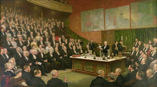 Science Conferences Are Stuck in the Dark Ages: painting A Friday Evening Discourse at the Royal Institution; Sir James Dewar on Liquid Hydrogen, 1904 (oil on canvas)