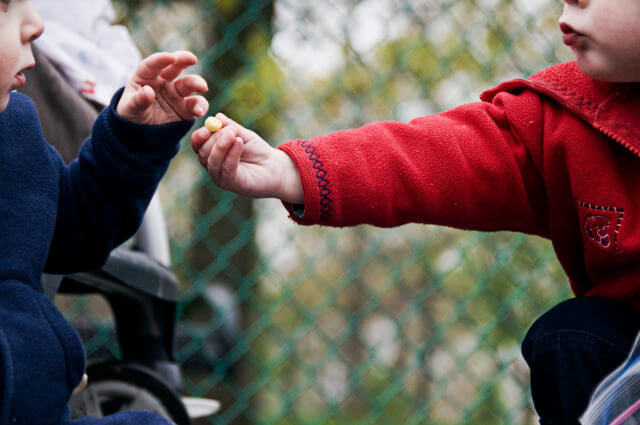 Share information don't hoard it: A photograph of two young children, one in a red coat, one in blue. The former is offering a yellow candy to the latter; their hands are about to touch.