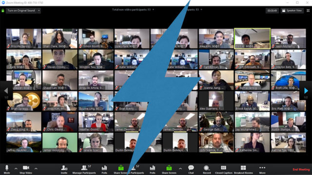 schedule breaks during online meetings: a screenshot of a Zoom participant gallery with a large blue lightning bolt break graphic superimposed