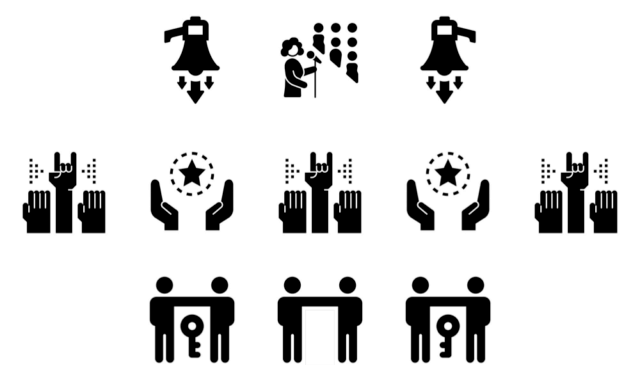 working with others for change and action: a graphic containing 11 icons that represent speakers, speaking, collaboration, and unity