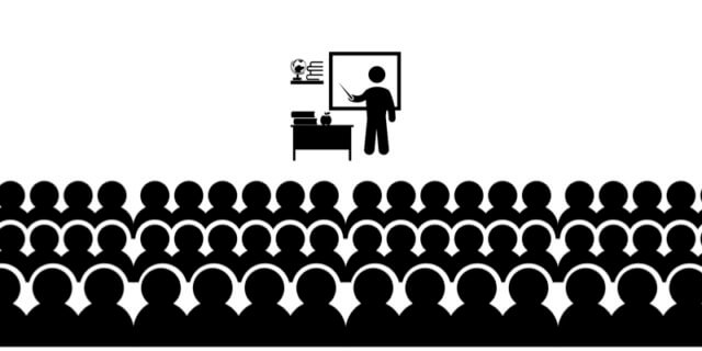 stop treating adults like children: graphic of a seated audience listening to a lecturer at the front of the room