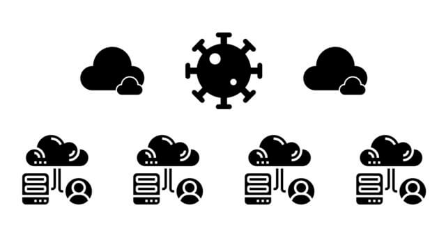 COVID-19, hybrid meetings, and the future: an illustration with black clouds and the Covid virus floating above icons representing in-person and online participants 