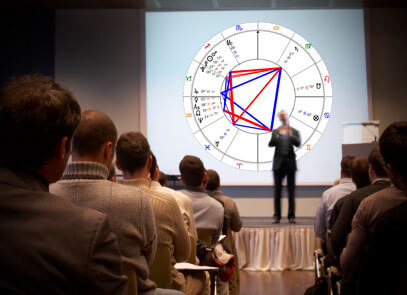 classroom practice is astrology: a photograph of a teacher addressing a male audience, with an astrological chart on a screen behind him