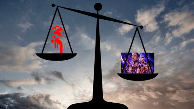 distracting ourselves from what matters: an illustration of an old-fashioned scale with two pans on a balance arm. The pan on the right is heavier/lower and contains images of entertainment stars. The pan on the left contains an icon of a person bent over with the world on their back.