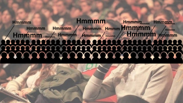 assess consensus: a blurred photograph of an audience overlaid with an illustration of people humming at different volumes