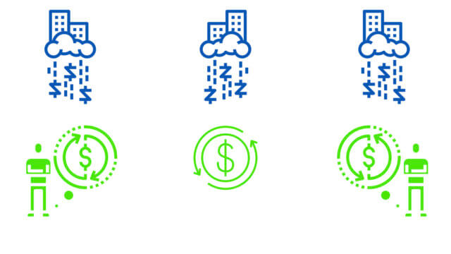 Event ROI: Illustration with buildings in a cloud "raining" down dollar signs. Below them are people with arms crossed thinking about dollars surrounded by rotating circles.