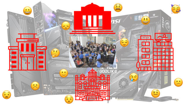 Meeting problem: a photograph of a crowd of people talking at a conference is surrounded by face emoticons representing various emotions plus four red icons of meeting venues. In the background are images of computer high-end graphic cards.