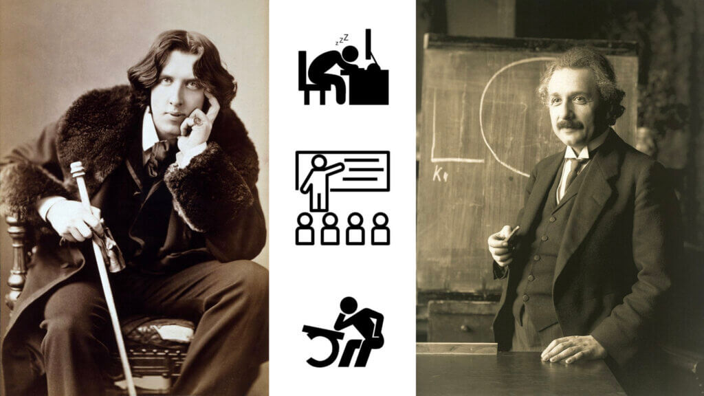 learning not education: photographs of Oscar Wilde and Albert Einstein surrounding three icons of a sleeping worker at a desk, a teacher in front of a class, and a student leaning on their desk. Image attributions: Oscar Wilde image by Napoleon Sarony - Library of Congress, Public Domain, Albert Einstein image By Ferdinand Schmutzer, Public Domain