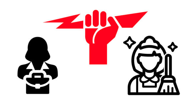 Consultant power: An illustration of a consultant and a janitor, with a red fist holding a lightning bolt between them.