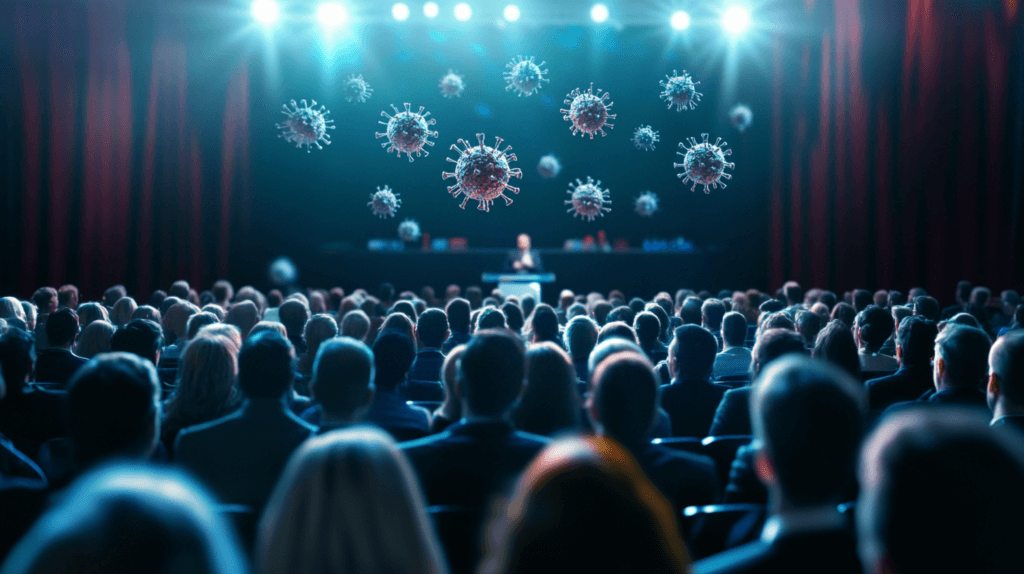 COVID duty of care: an illustration of an audience at a meeting with coronavirus molecules floating in the air above them