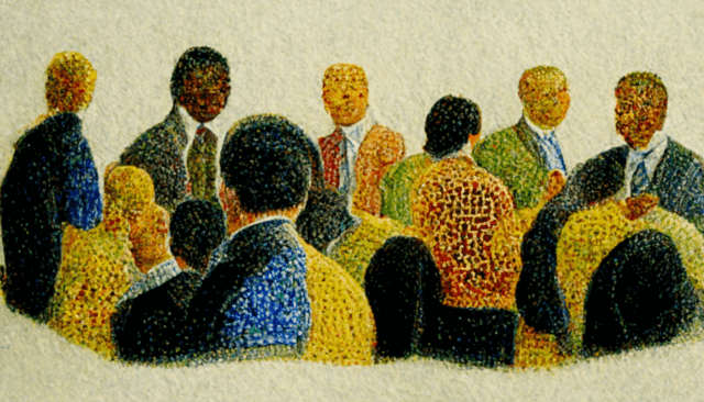 A pointillistic illustration of people networking at meetings (and maybe connecting too)