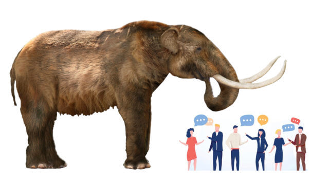 An illustration of a mastodon towering over a group of people in conversation, suggesting that the federated social media Mastodon may be an #eventprofs alternative to Twitter