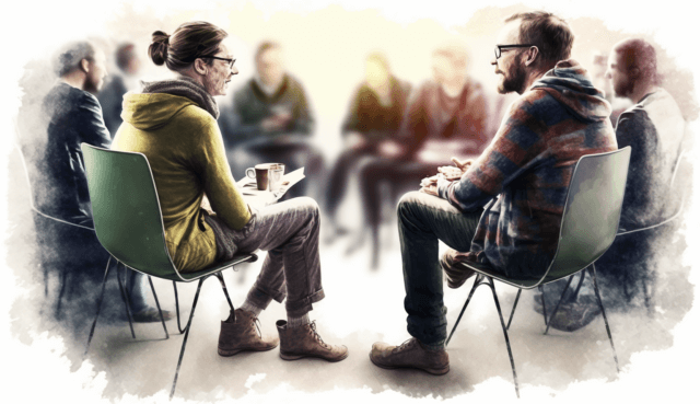 Group work practice. An image of two people who are seated in adjacent chairs looking at each other. They are part of a circle of chairs filled with other people.