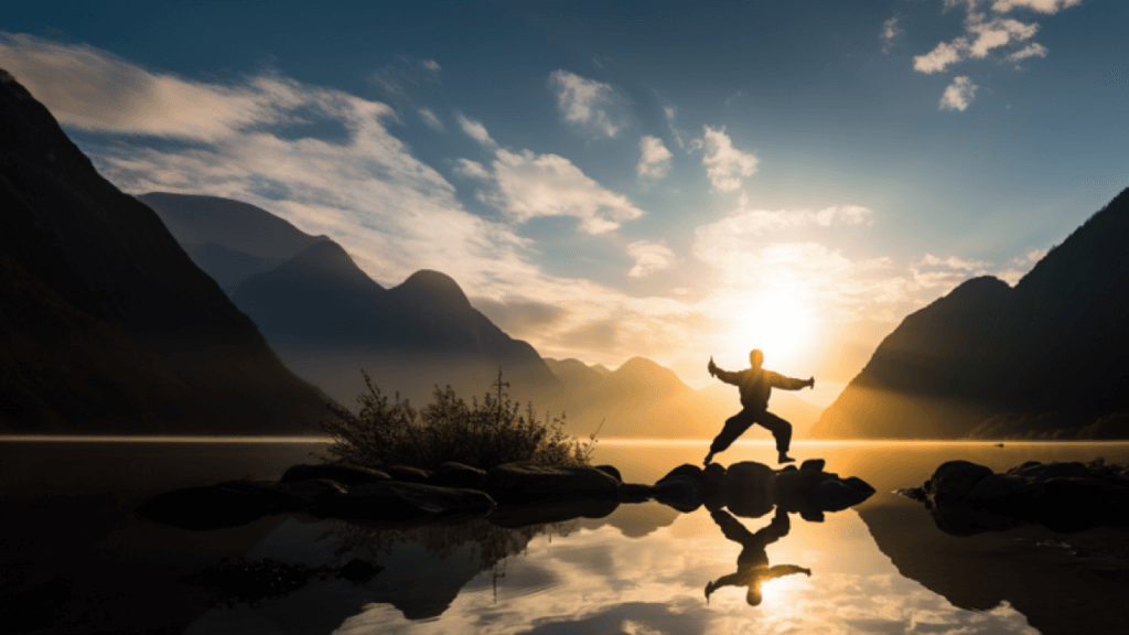 A silhouetted figure does Tai Chi in a beautiful natural setting, practicing mindfulness and embodied awareness