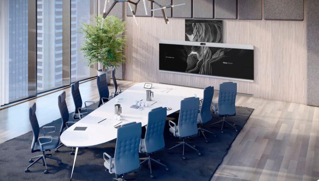 Meeting room designs: Rendering of a Cisco Redesigned Conference Room. A triangular conference table holds attendees in chairs arranged along the two long edges. A screen and camera face the short edge.