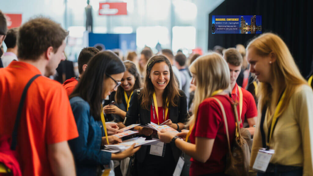 starting a conference: A group of people wearing name badges gather excitedly in a large hall