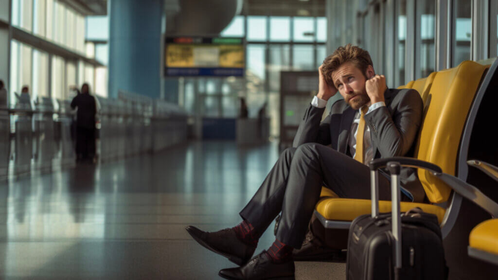 The batch fixer. A worried man wearing a rumpled business suit sits talking on a phone at an airport.