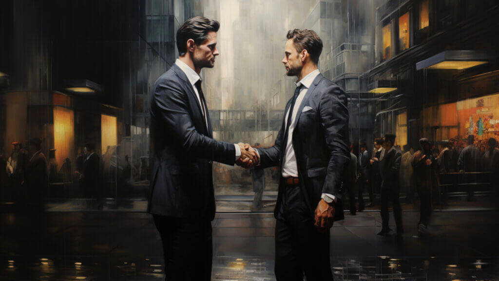 minimize Midjourney distortion: a Midjourney landscape image of two men shaking hands with minimal human body part distortion